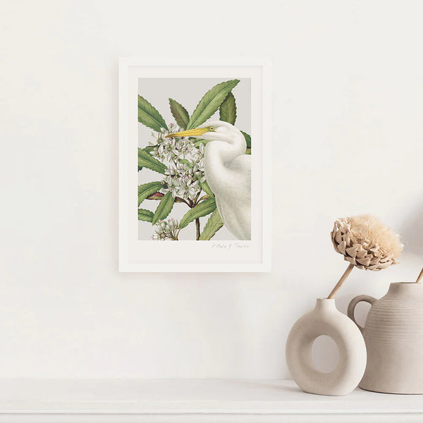 Birds & Botanics Heron A3 Print Art Print 100% NZ Framed White