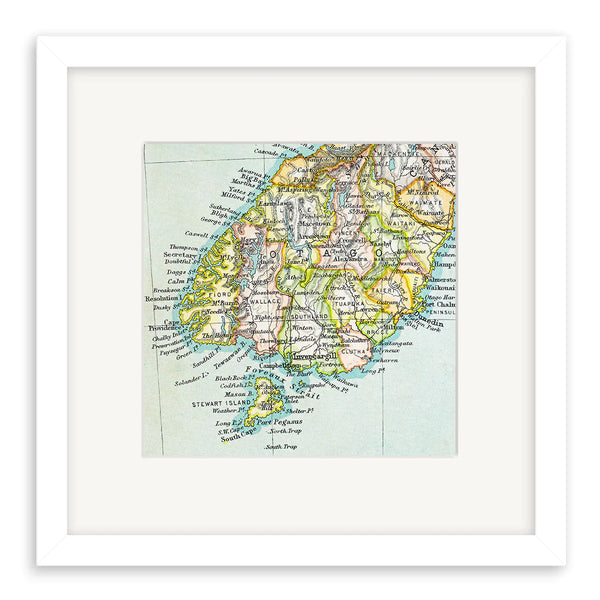 Lower South Island - Vintage Map Print Art Print 100% NZ Framed