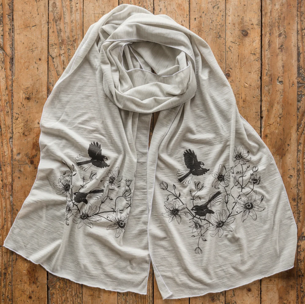 Merino Scarf - Pīwakawaka & Clematis Cream Scarf Plum Billy