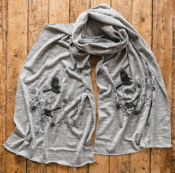 Merino Scarf - Pīwakawaka & Clematis Grey Scarf Plum Billy