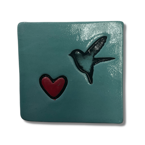 Bird and love Heart Duck Egg Blue Square Ceramic Tile