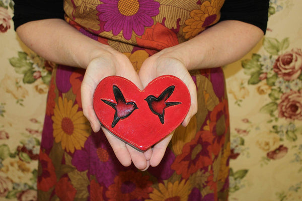 Two Birds Red Ceramic Heart Tile Wall Art M Ceramics