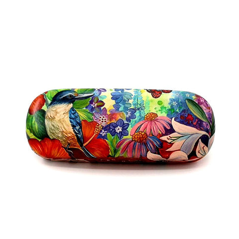 Colorful glasses case with a bird and floral design on a white background