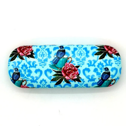 Eyeglass case with floral and bird design on a white background