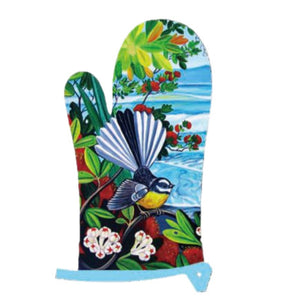 Colorful oven mitt with a tropical design featuring a bird and flowers on a white background