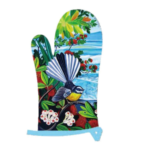 Colorful oven mitt with a tropical design featuring a bird and flowers on a white background