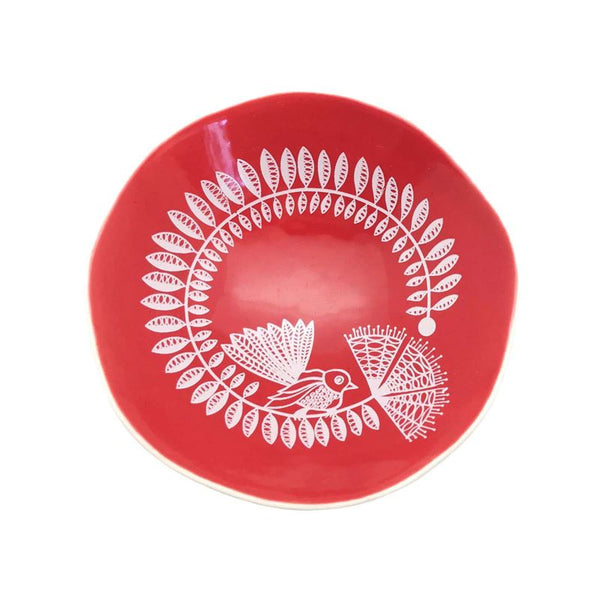 Porcelain Bowl -  White Fantail and Pohutukawa on Red