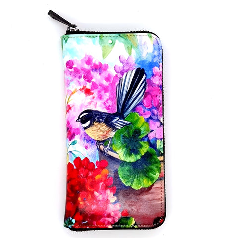Leather Wallet - Fantail and Hydrangeas