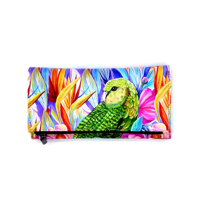 Colorful wallet with a green parrot design on a white background