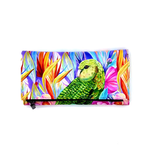 Colorful wallet with a green parrot design on a white background