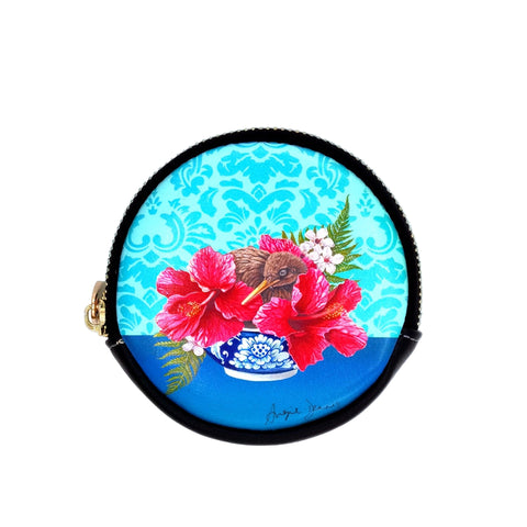 Round pouch with a kiwi bird and flowers design on a blue and white patterned background