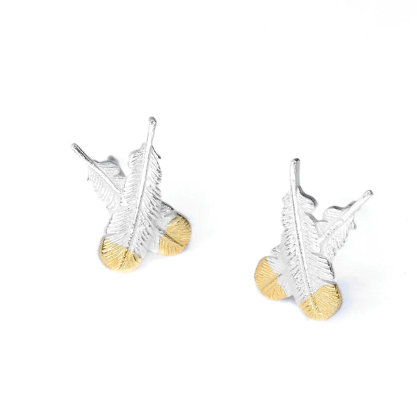 Huia Crossed Feather – Earrings Earrings Little Taonga Silver Gold Tip