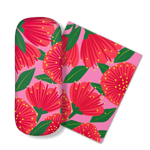 Glasses Case and Lens Cloth Set - Pink Botanical Pohutukawa Glasses Case 100% NZ
