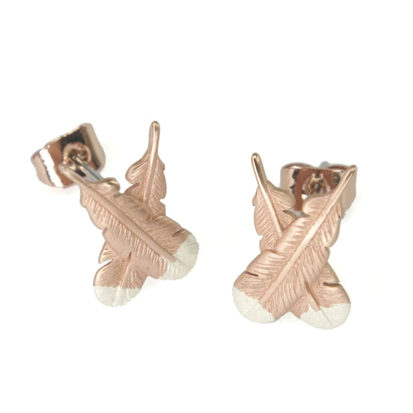 Huia Crossed Feather – Earrings Earrings Little Taonga Rose Gold Silver Tip