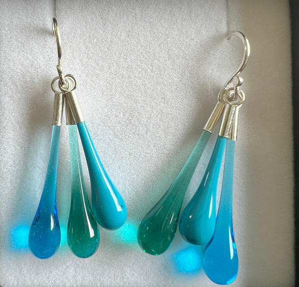 Ear Drop Cluster Glass Earrings - Teal