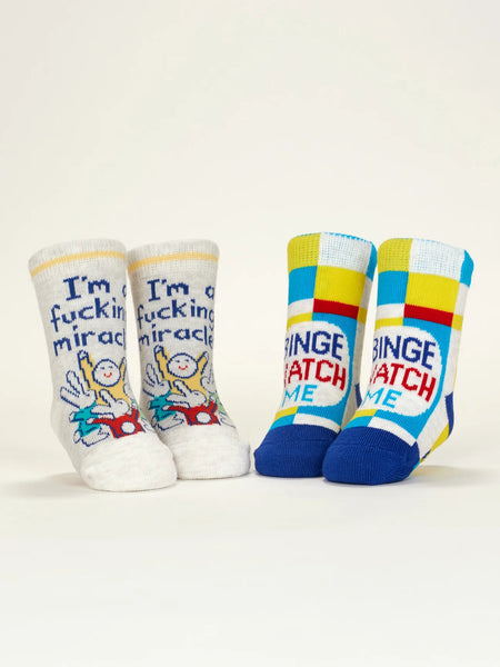 I'm A Fucking Miracle!/ Binge Watch Me Baby Socks Socks BlueQ