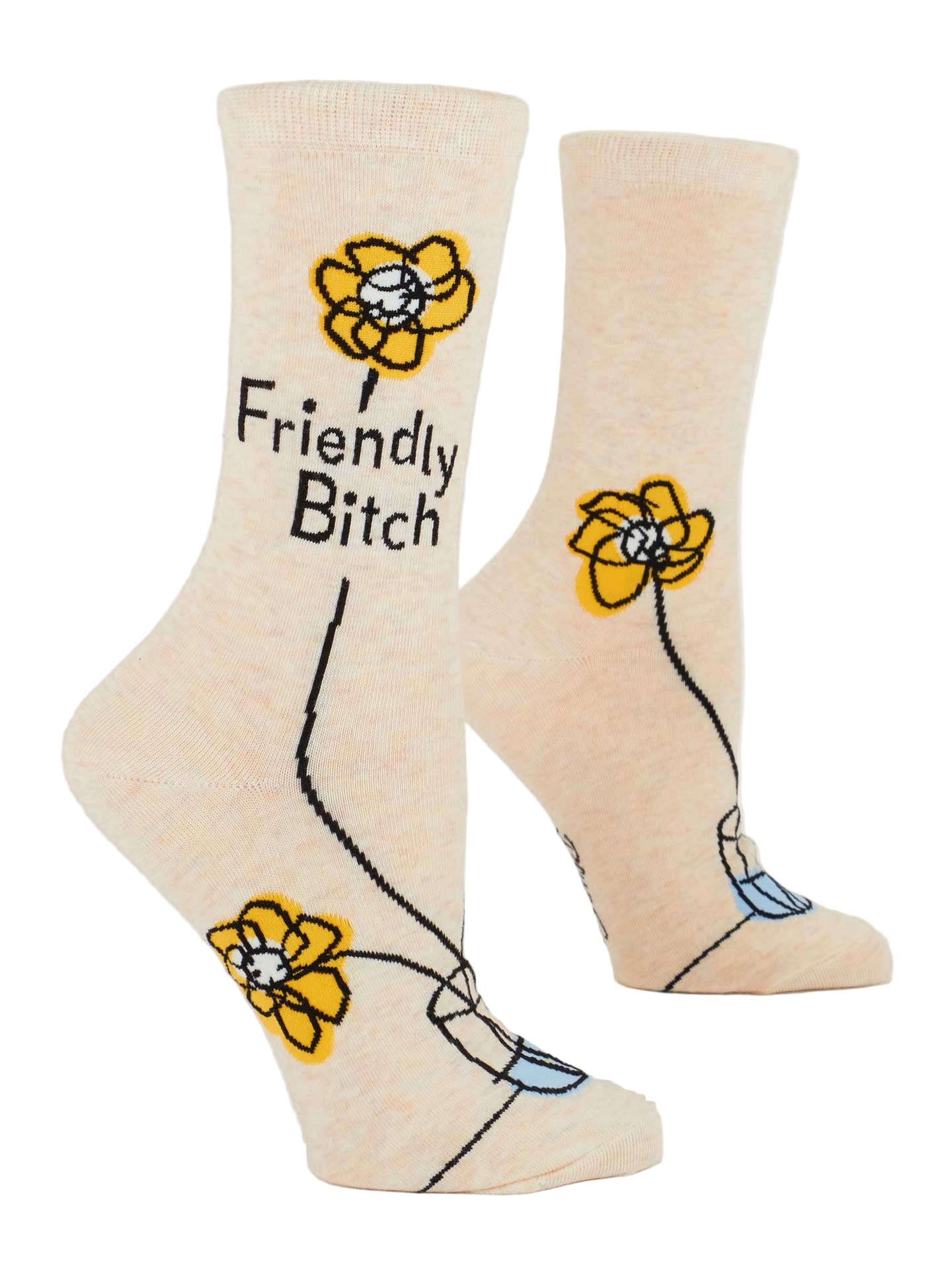 Beige socks with yellow flowers and text on a white background