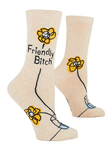 Beige socks with yellow flowers and text on a white background
