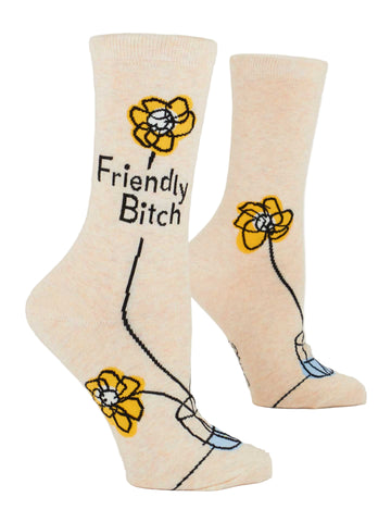 Beige socks with yellow flowers and text on a white background