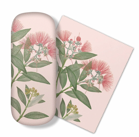 Glasses Case and Lens Cloth Set - Vintage Botanical Pohutukawa Glasses Case 100% NZ