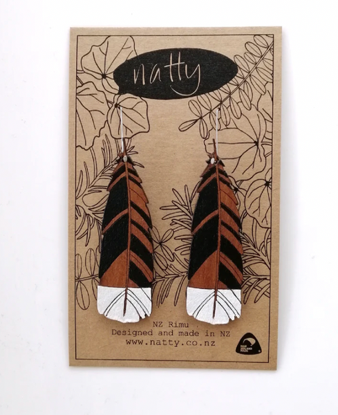 Large hanging Huia feather Rimu earrings