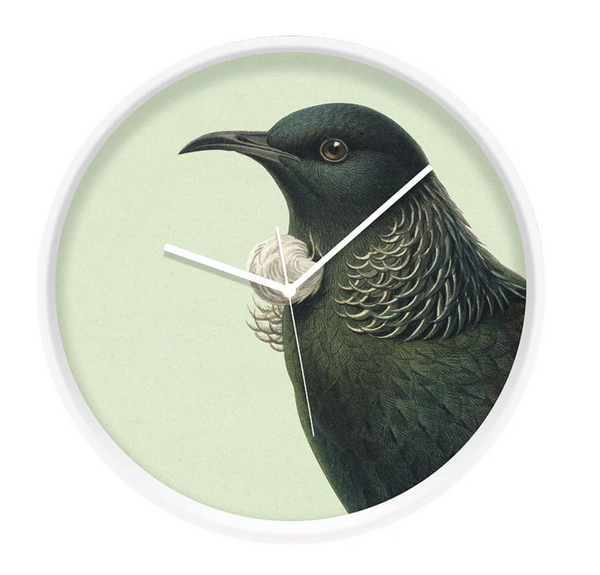 Hushed Green Tui Frame Clock Clock 100% NZ White Frame