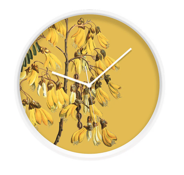 Vintage Botanical Kowhai Frame Clock Clock 100% NZ White Frame