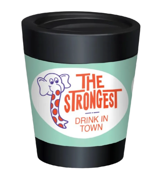 A black insulated tumbler with a light mint green wrap label. The label features a white oval containing a cartoon elephant and the text 'THE STRONGEST DRINK IN TOWN' in orange and purple.