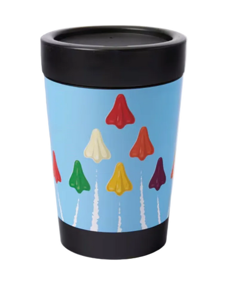 A travel tumbler with a black lid and black base, featuring a light blue wrap-around design printed with colorful mushroom shapes and white mushroom-steam trails.