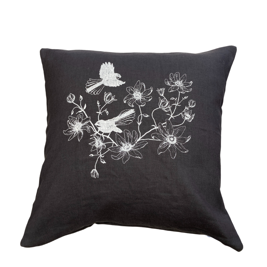 Cushion Cover - Pīwakawaka & Clematis - Charcoal