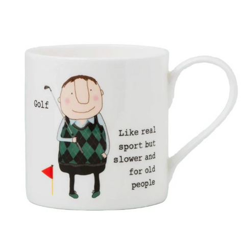 Mug with a cartoon character holding a golf club and text about golf on a white background