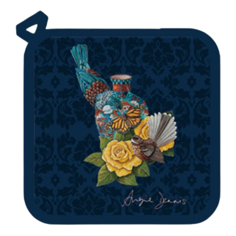 Navy blue pot holder with floral and butterfly design, featuring Angie Jones signature.