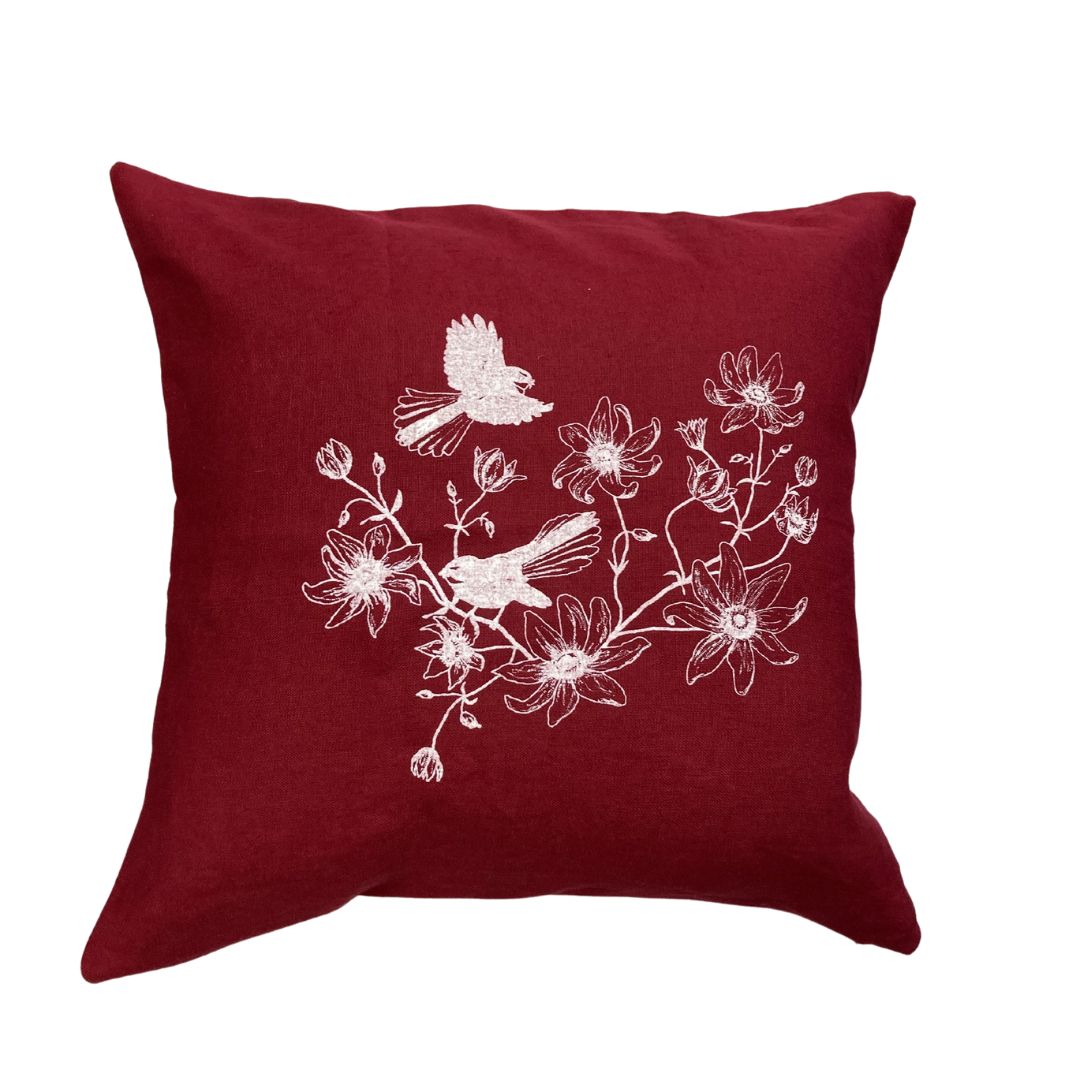 Cushion Cover - Pīwakawaka & Clematis - Red