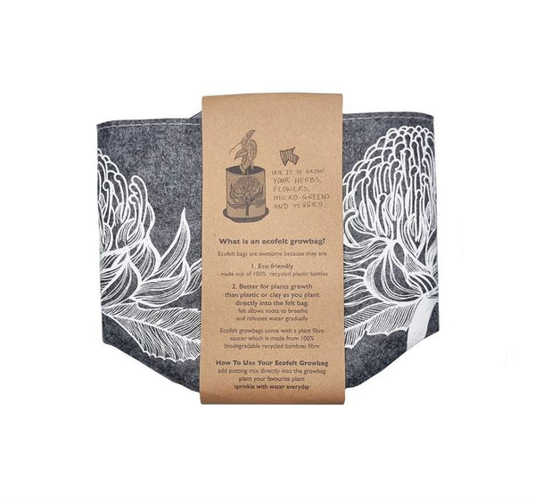 White Waratah on Grey Ecofelt Grow Bag