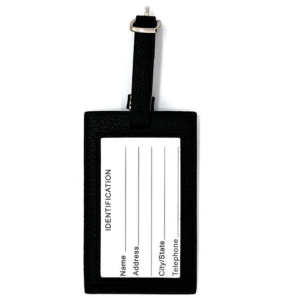 Black luggage tag with a white label on a white background