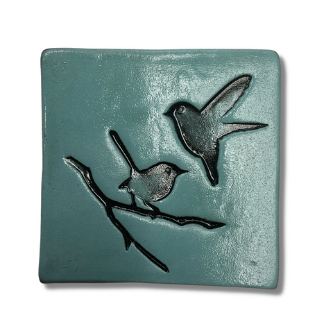 Two Birds on Branch Duck Egg Blue Ceramic Square Tile Wall Art M Ceramics