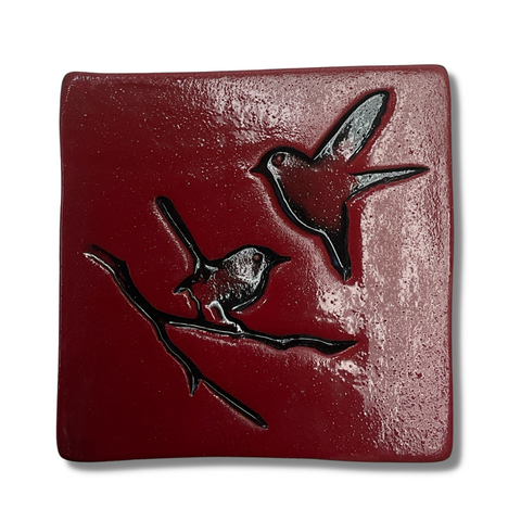 Two Birds on Branch Red Ceramic Heart Tile