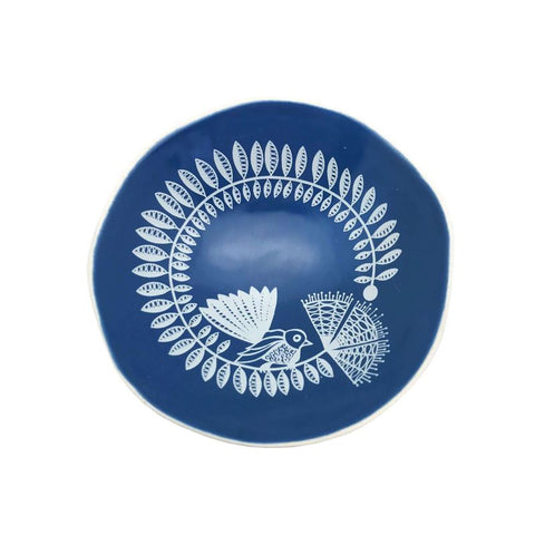 Porcelain Bowl - White Fantail & Pohutukawa On Blue Bowl Jo Luping