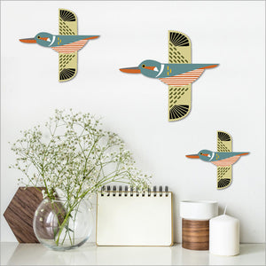 Folk Kingfisher Bird Wall Set