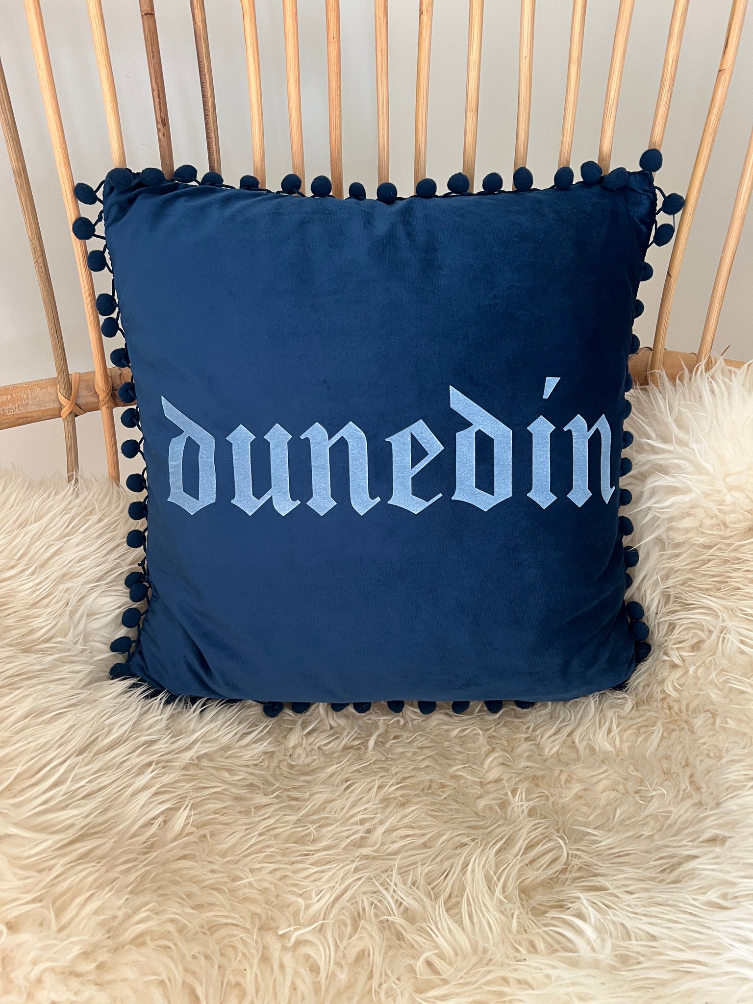 Dunedin Navy Blue Velvet Cushion Cover with Bobbles