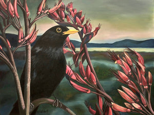 "Raymond" Blackbird and Flax Flowers Art Print