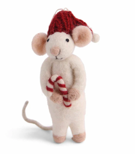 White Mouse with Candy Cane - Felted Wool Hanging Decoration Christmas Decoration En Gry and Sif