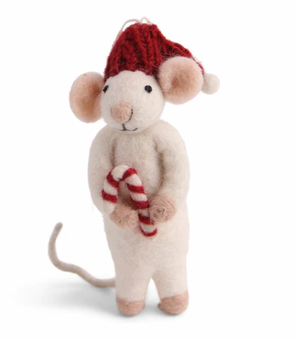 White Mouse with Candy Cane - Felted Wool Hanging Decoration