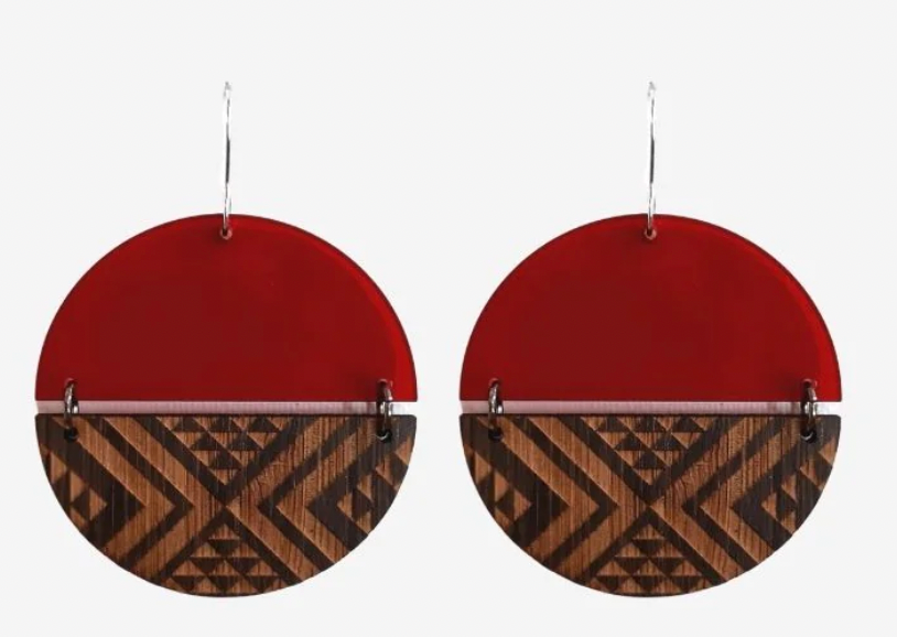 Large Split Red PVC On Top and Wood Earrings