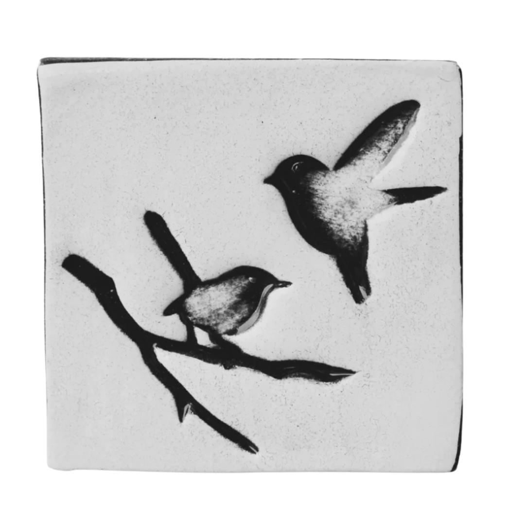 Two Birds on Branch White Square Ceramic Tile Wall Art M Ceramics