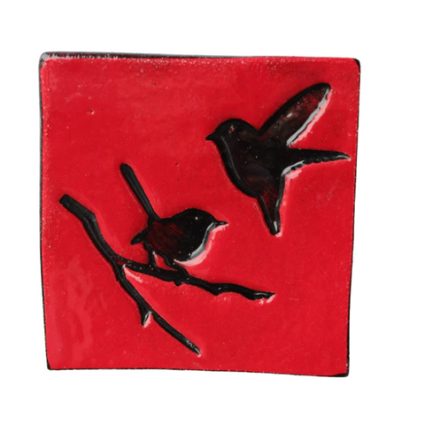 Two Birds on Tree Red Square Ceramic Tile