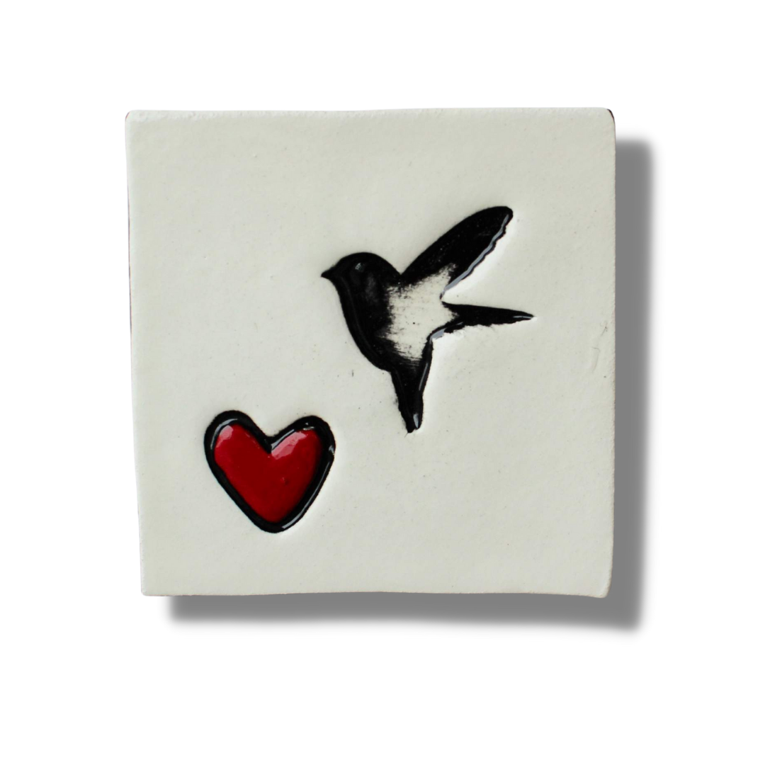Bird and Love Heart White Square Ceramic Tile