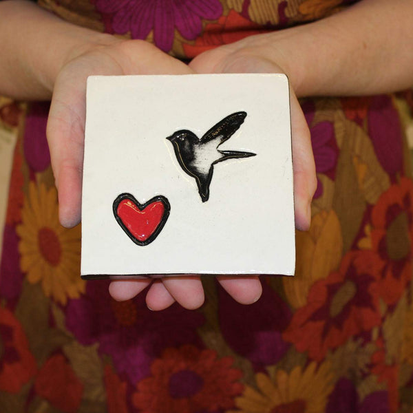 Bird and Love Heart White Square Ceramic Tile Wall Art M Ceramics