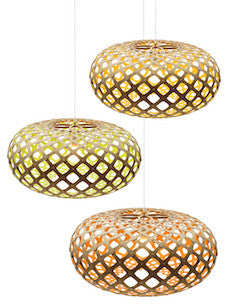 David Trubridge Kina pendant light shown in natural bamboo with its open woven form